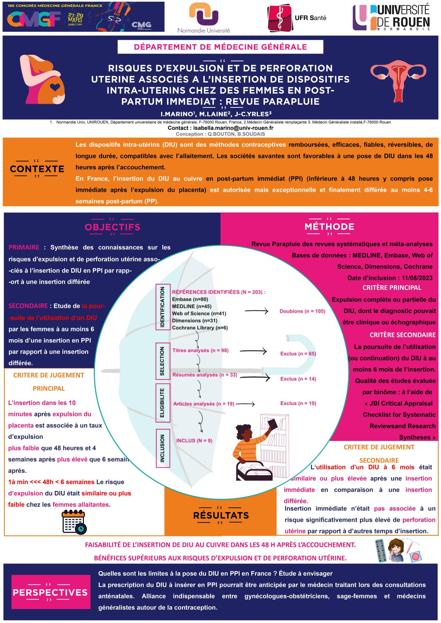 Marino I. Laine M. Yrles J-C. Risques d'expulsion et de perforation utérine assciés à l'insertion de dispositif intra-utérins chez les femmes en post-partum immédiat : revue parapluie, 18ème Congrès du Collège de la Médecine Générale France (CMGF)